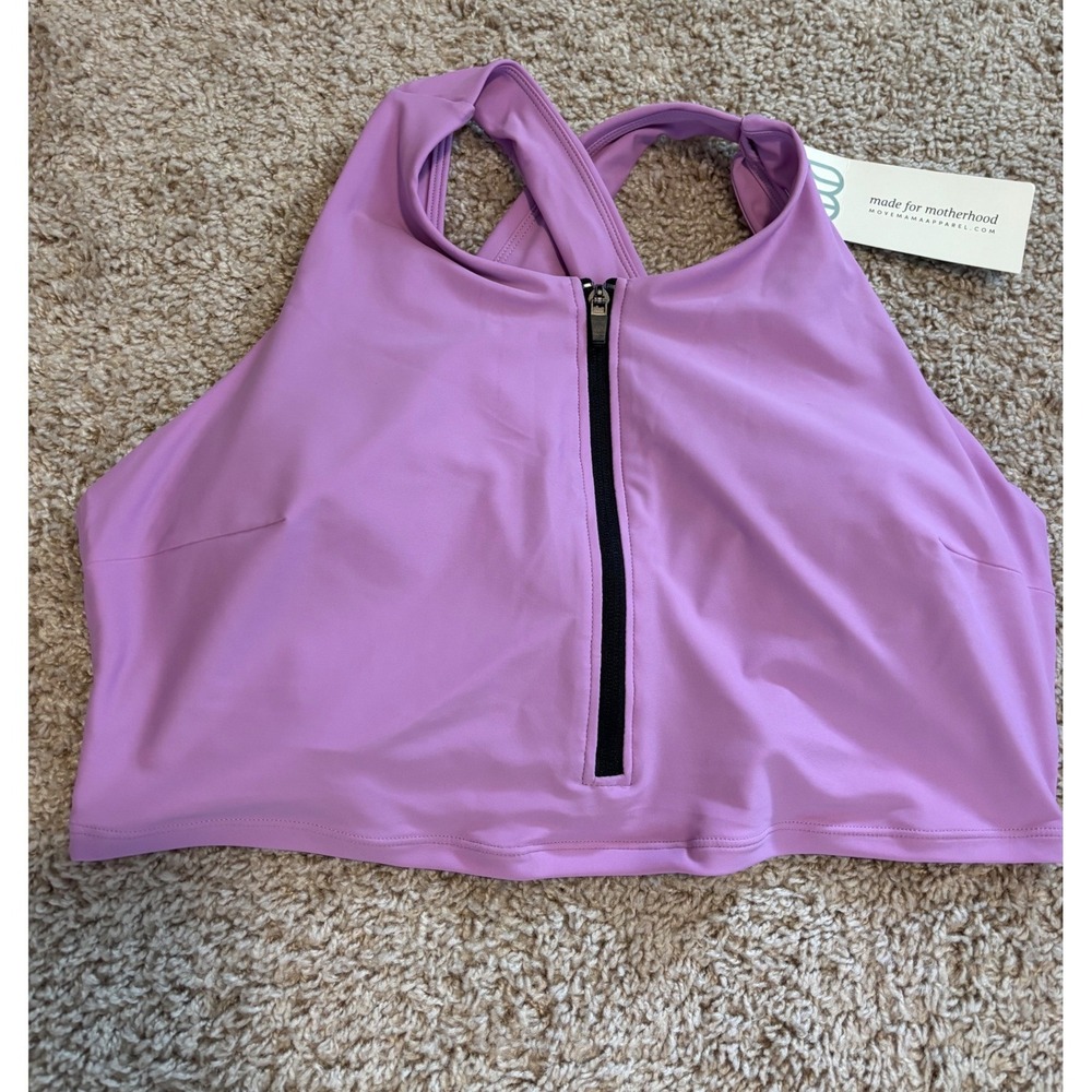 Move Mama Made for Motherhood Nursing Sports Bra Purple Front Zip XL NWT